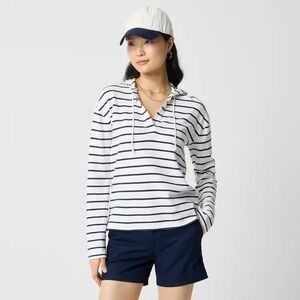 J. Crew Navy Striped V Neck Beach Hoodie Sweater Nautical Size‎ M Preppy